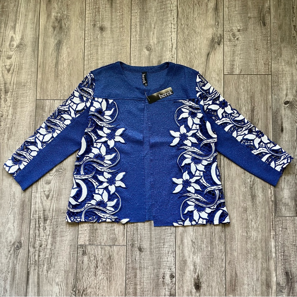 NWT Berek cobalt blue and white cardigan with floral lace [H3R]